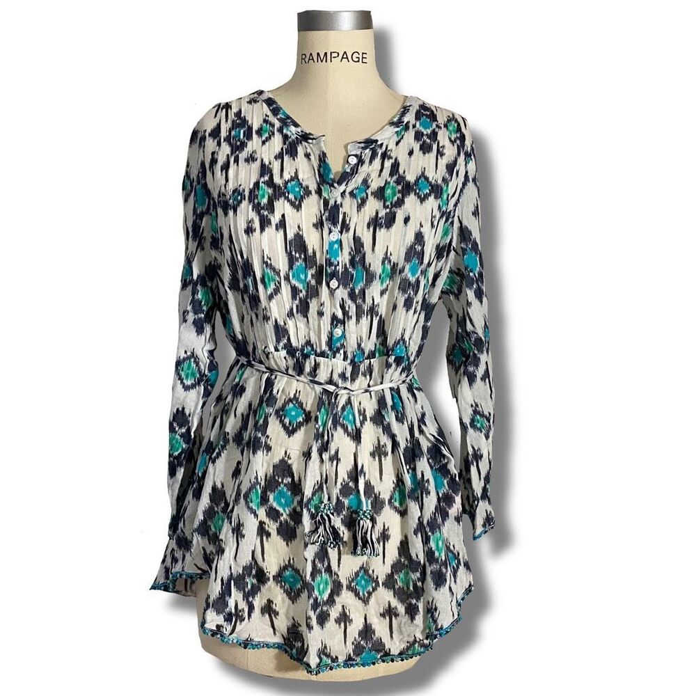 Calypso St Barth Women’s Size Large Fit Flare Blouse White Turquoise Tie Waist - Picture 1 of 8